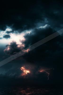 Moody image of a powerful thunderstorm with bright lightning strikes illuminating massive dark clouds above a choppy ocean at night.
