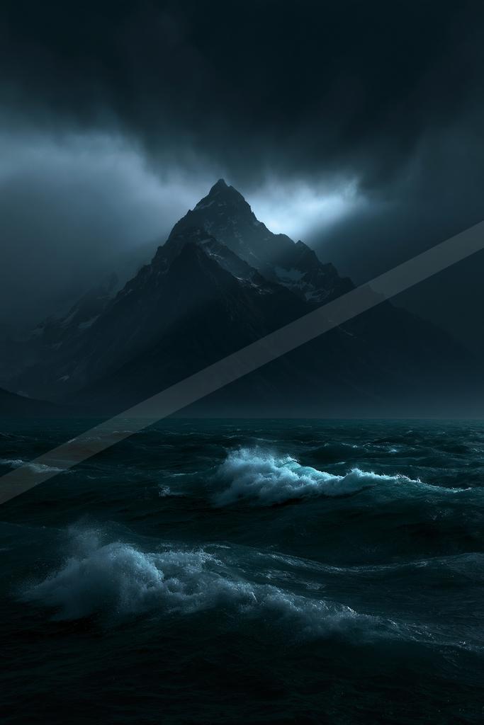 A black-toned moody photograph of volcano, alp, valley.