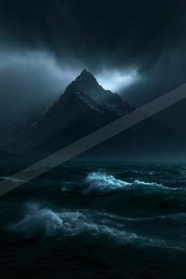 A black-toned moody photograph of volcano, alp, valley.
