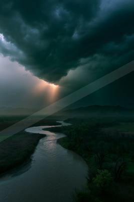 Moody landscape with dark storm clouds, crepuscular rays breaking through, and a winding river flowing through a green valley.