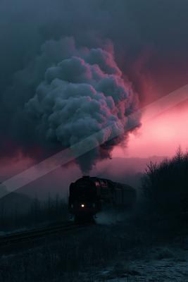 A vintage steam locomotive travels along tracks through a wintry landscape, emitting a massive plume of smoke that glows with pink and blue hues against a drama