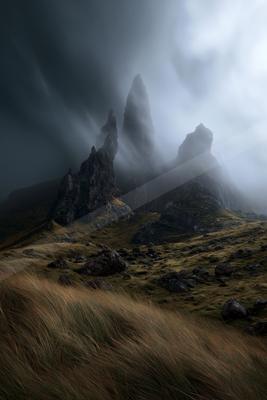 An ethereal landscape of a sand dune, fog.