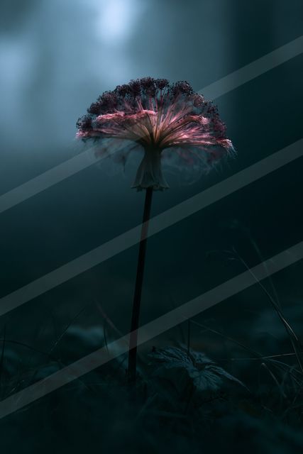 A dark flower with intricate petals illuminated by a soft light against a moody background.