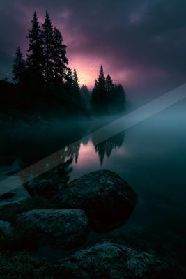 A tranquil mountain lake at twilight reflects the silhouettes of tall pine trees against a dramatic purple and pink sky, with large rocks in the foreground and 