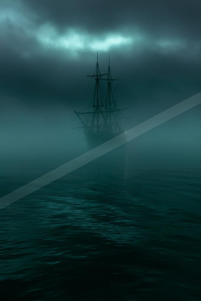 A large sailing ship with masts and rigging appears as a silhouette emerging from thick blue-green fog over a dark, rippling ocean at night.