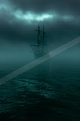 A large sailing ship with masts and rigging appears as a silhouette emerging from thick blue-green fog over a dark, rippling ocean at night.