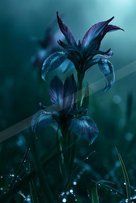 A blue hour macro nature scene of flowers, plants, nebula.