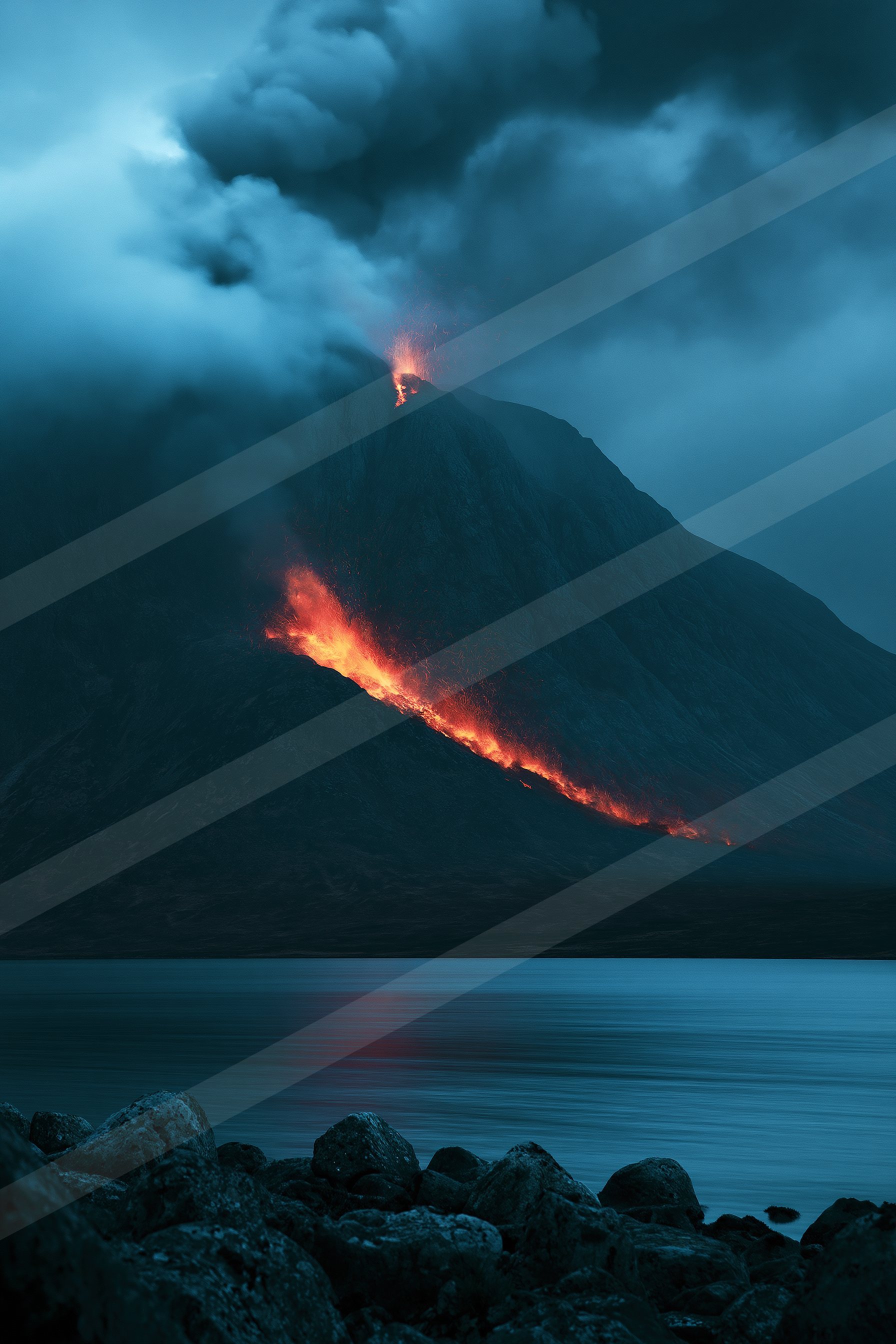 A dramatic landscape of a volcano, fire.