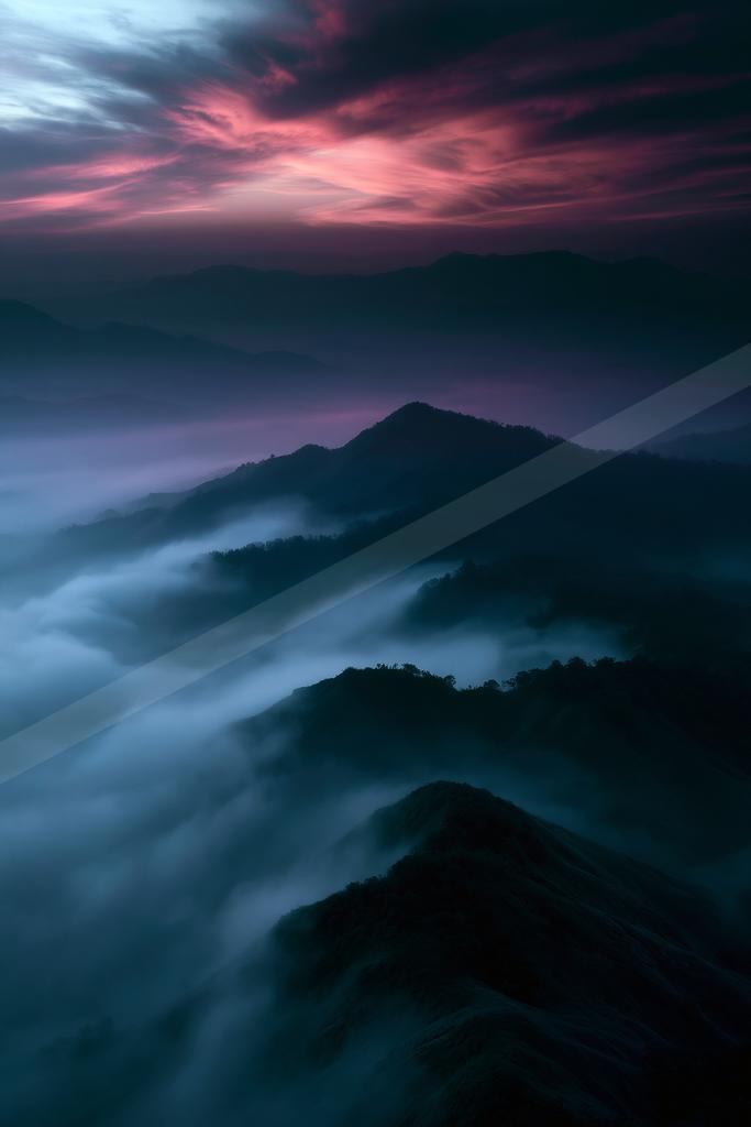 A blue hour landscape of mountains, valley.