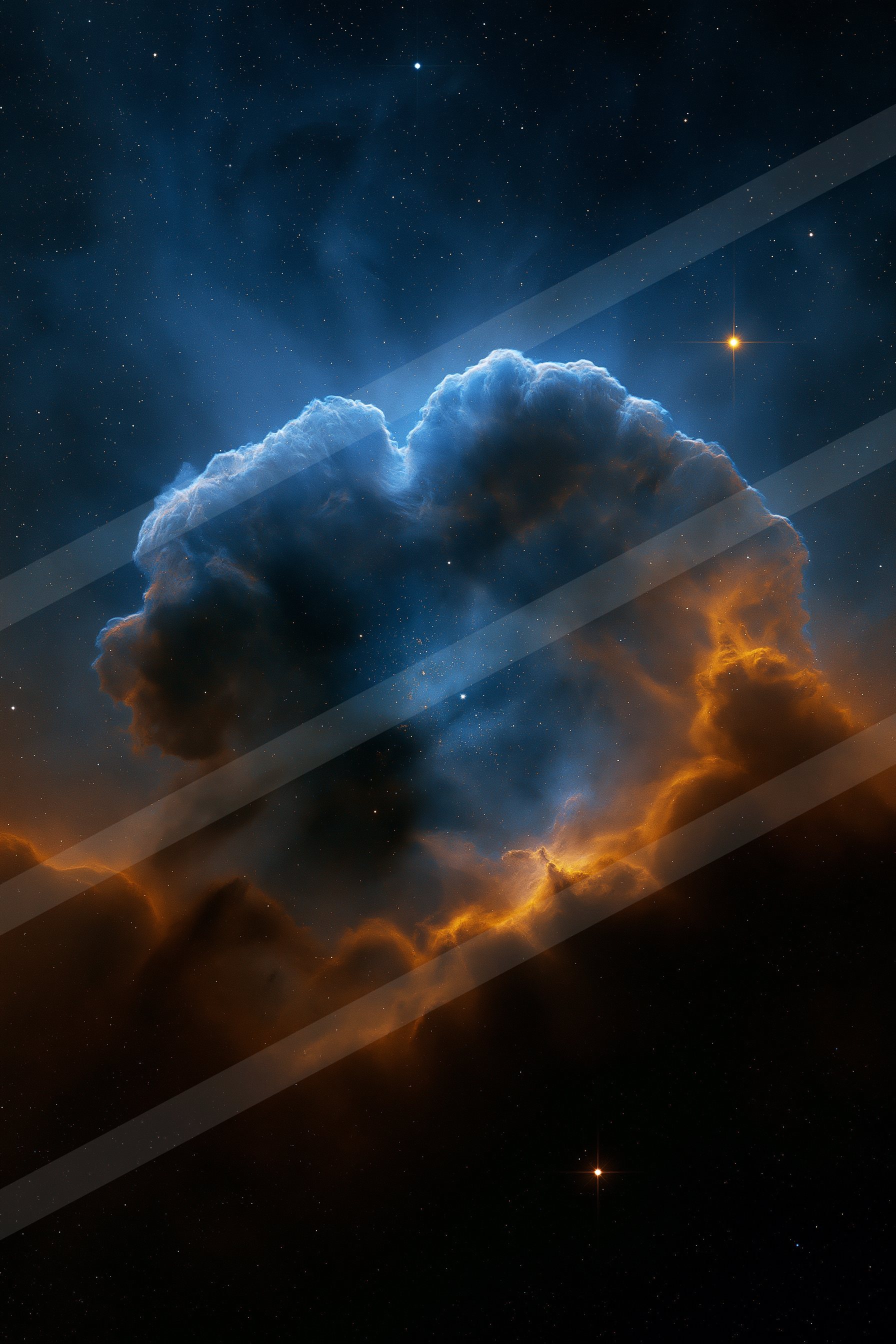 A stunning nebula featuring swirling blue and orange clouds illuminated by distant stars, set against the dark expanse of space.
