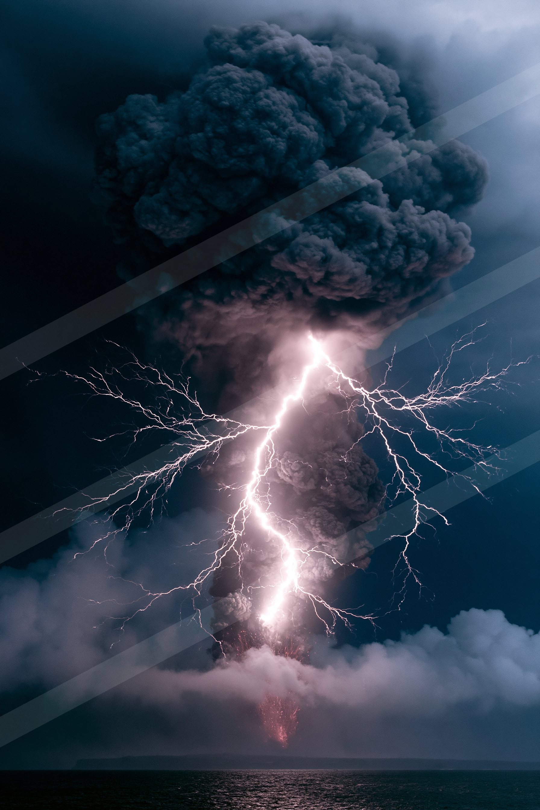 A powerful volcanic eruption illuminates the night sky with lightning striking through a massive plume of dark smoke over a calm body of water.
