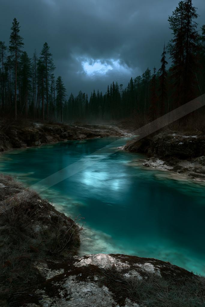 A blue hour long exposure water scene of river, lake, fog.