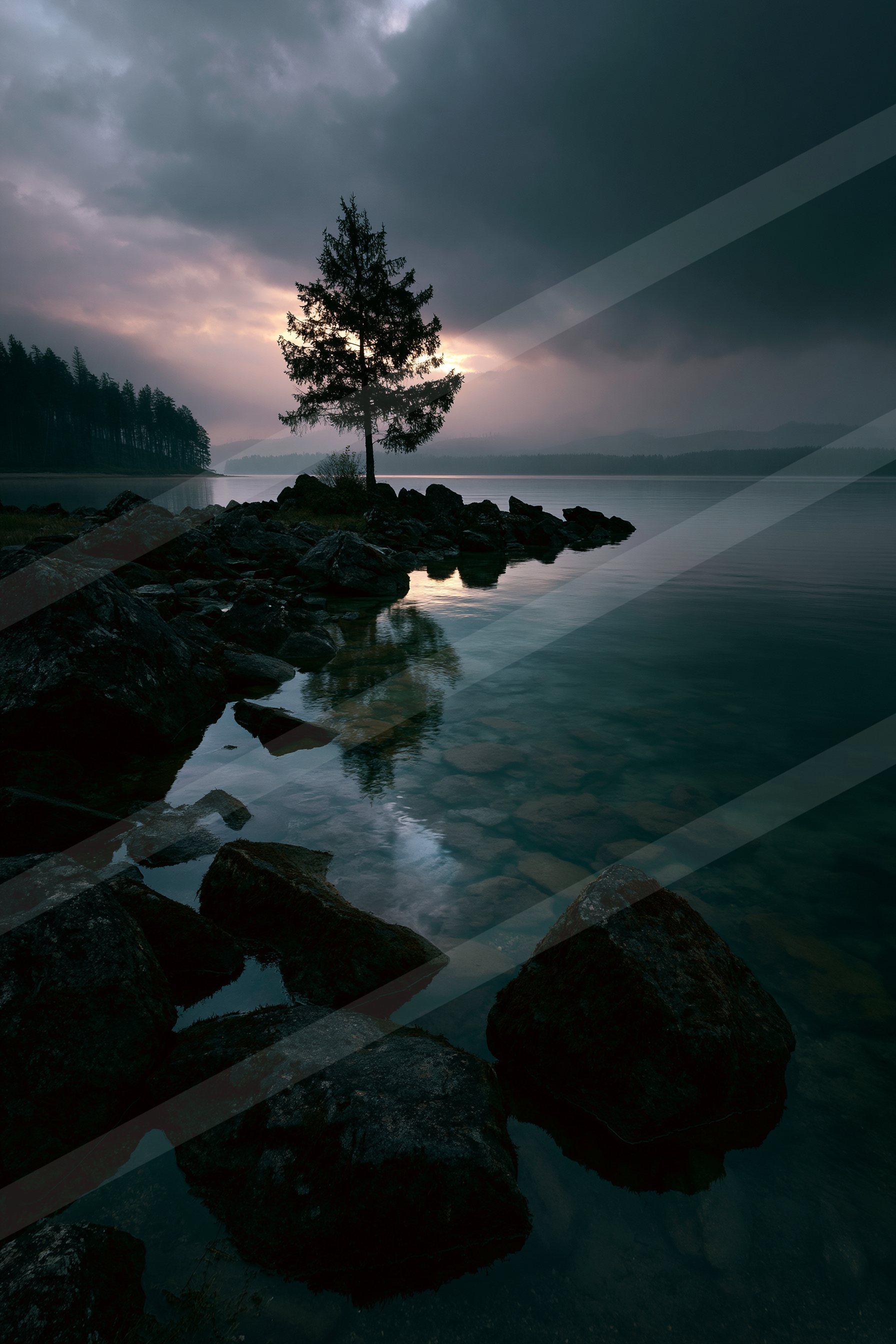 A moody high contrast water scene of a lake, reflection.