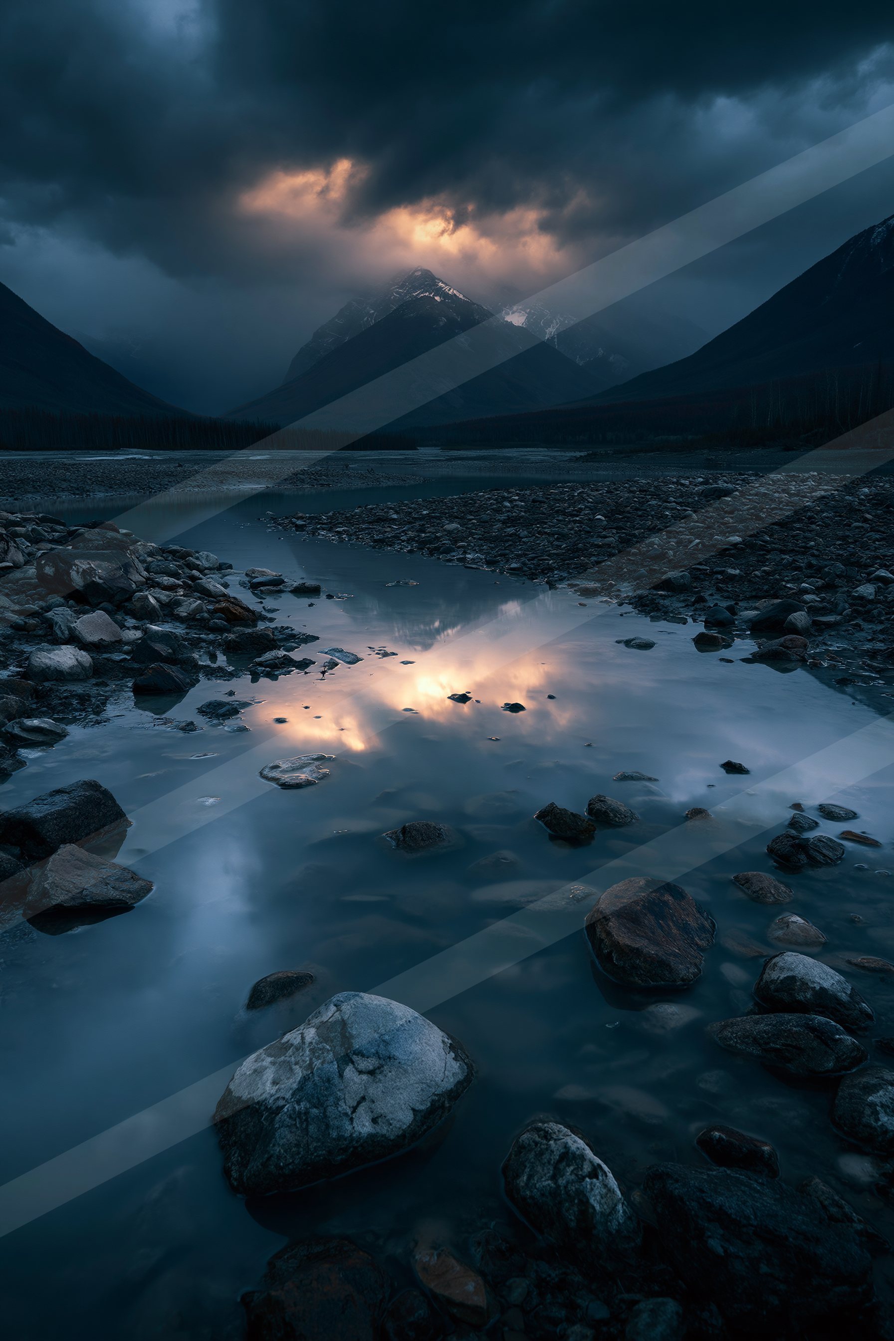 A mysterious long exposure landscape of a volcano, reflection.