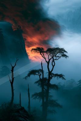 A dramatic high contrast sky scene of a sunrise, fog.