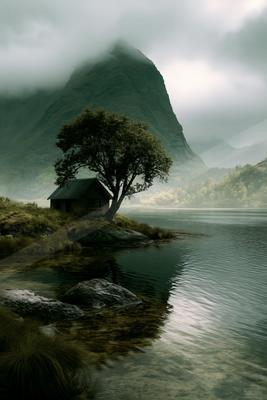 A serene water scene of lake, mountains, valley.