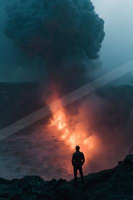 A dramatic landscape of a volcano, fire.