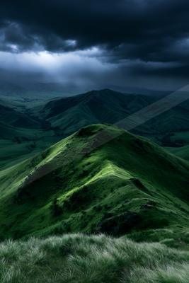 A dramatic sky scene of storm, valley, mountains.
