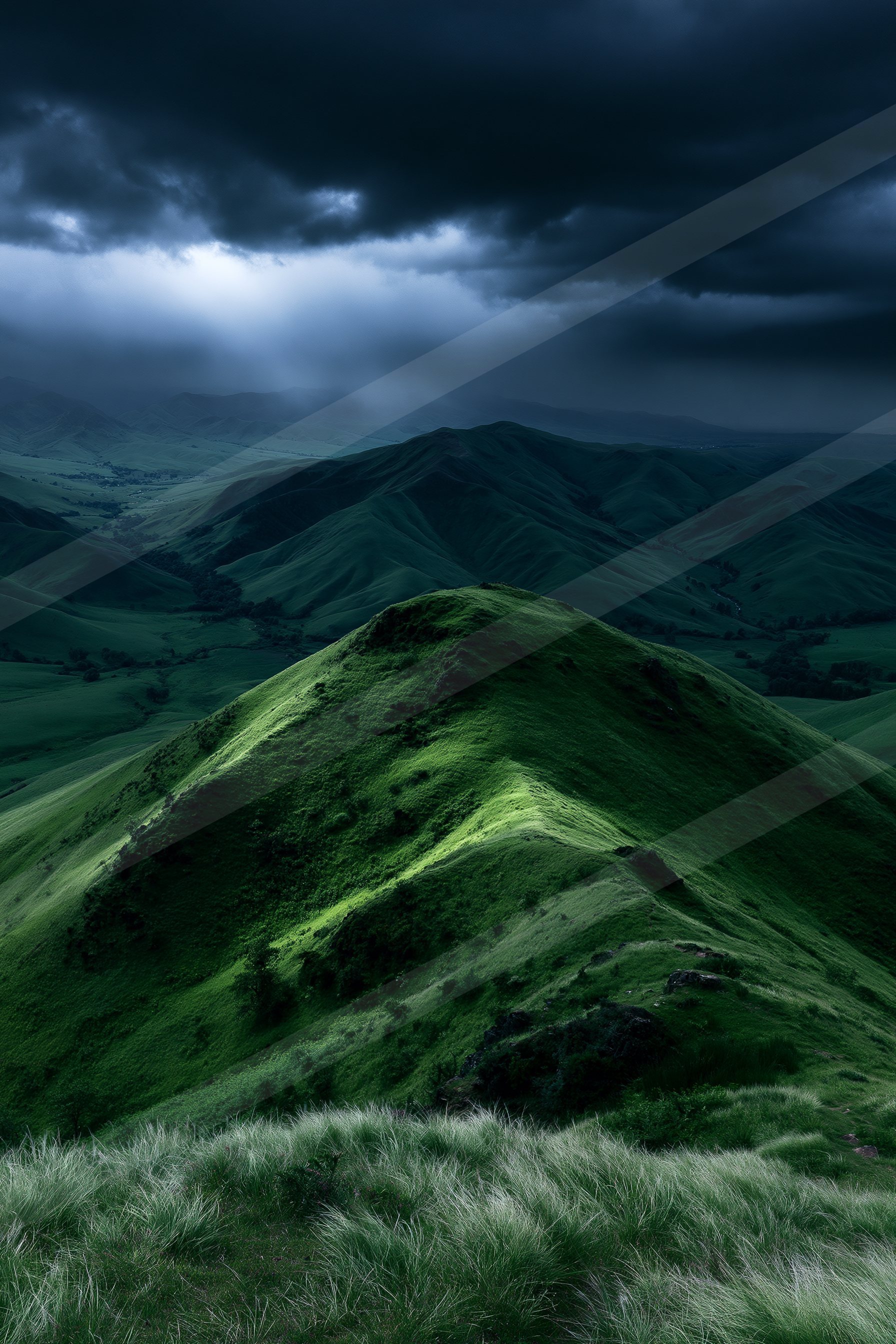 A moody panorama landscape of a rolling hills.