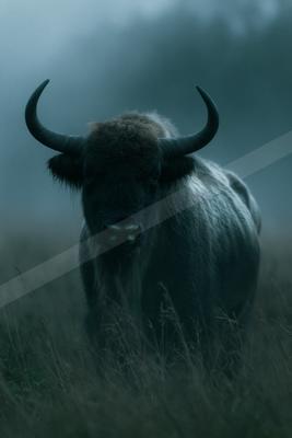 A large European bison with prominent curved horns stands in tall grass, looking directly at the camera in a misty, atmospheric setting.