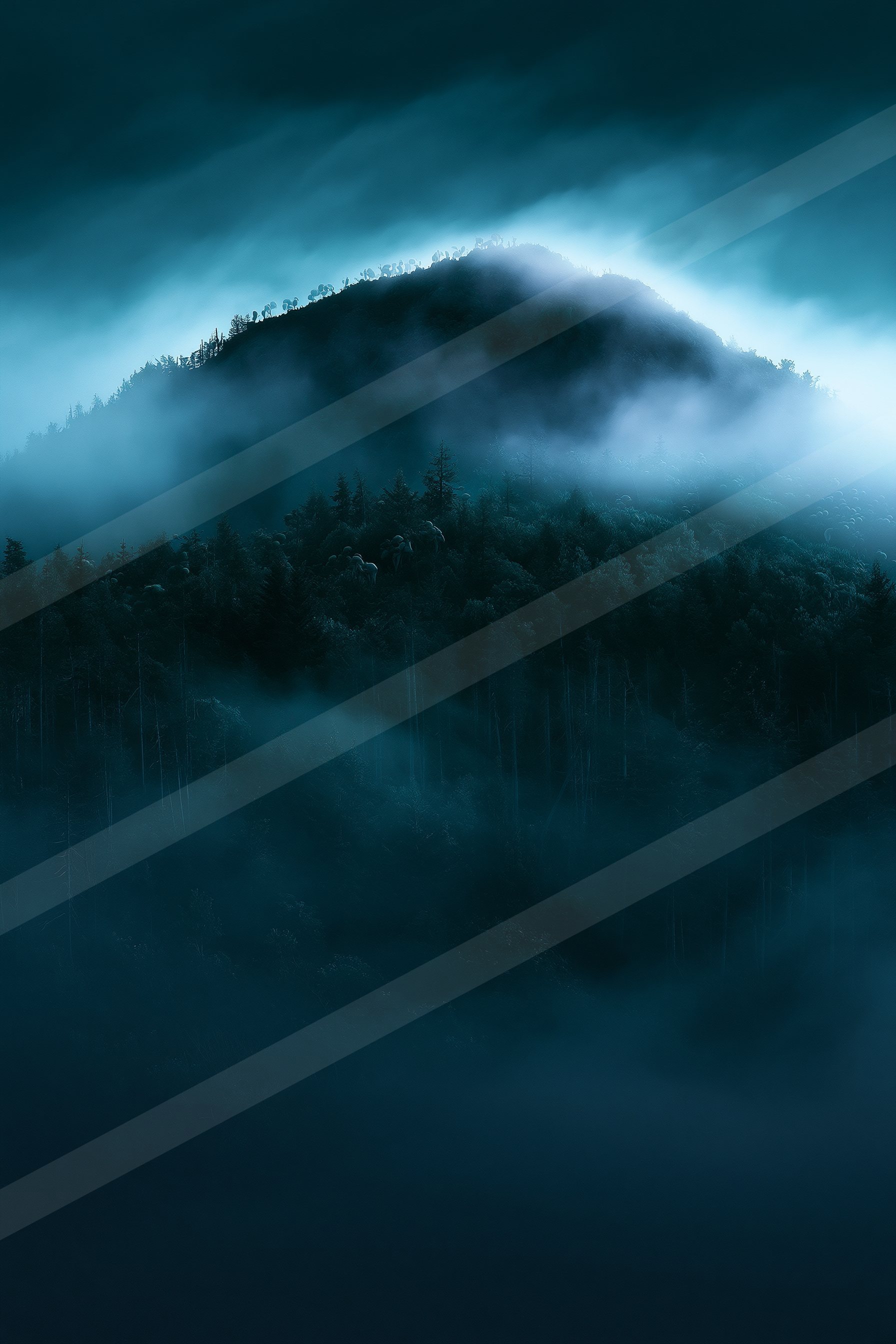 A blue hour double exposure landscape of a rolling hills, fog.