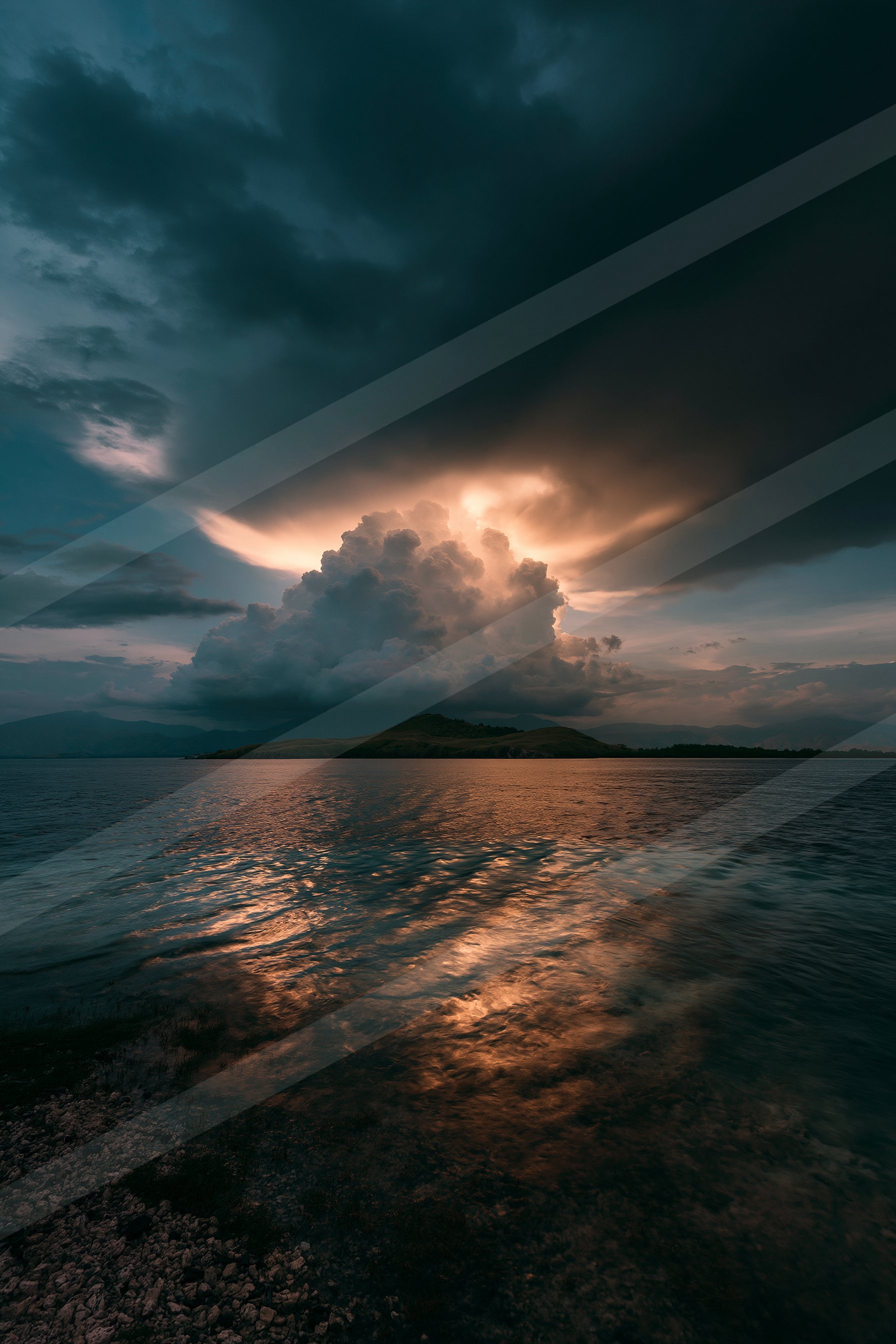 A dramatic long exposure sky scene of a sunset, reflection.