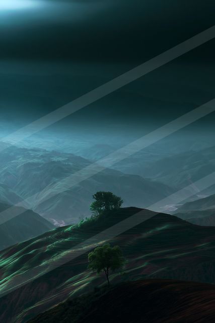 A night long exposure landscape of a rolling hills, fog.