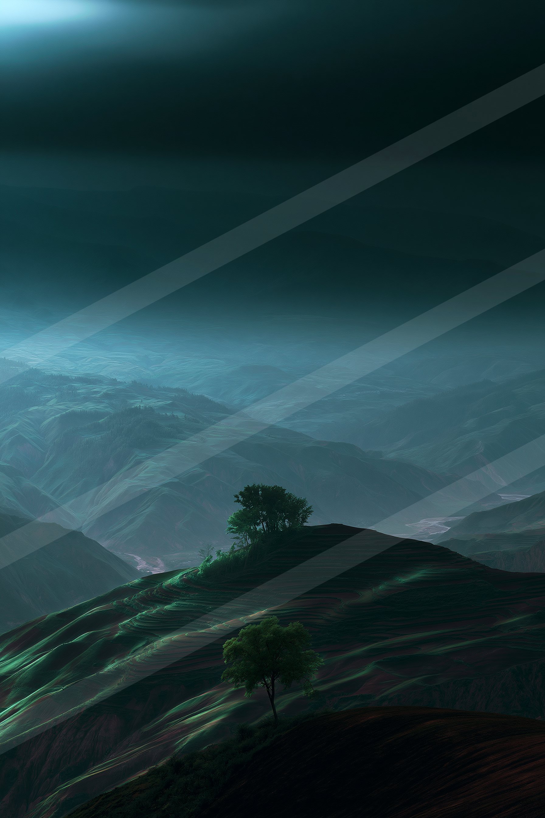 A night long exposure landscape of a rolling hills, fog.