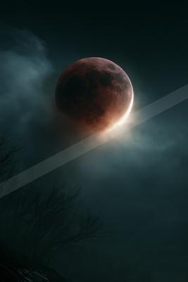 A large reddish blood moon partially obscured by swirling blue-grey mist and clouds, with the bright edge of the moon glowing, above the dark silhouettes of bar