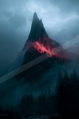 A black-toned moody photograph of volcano, alp, valley.