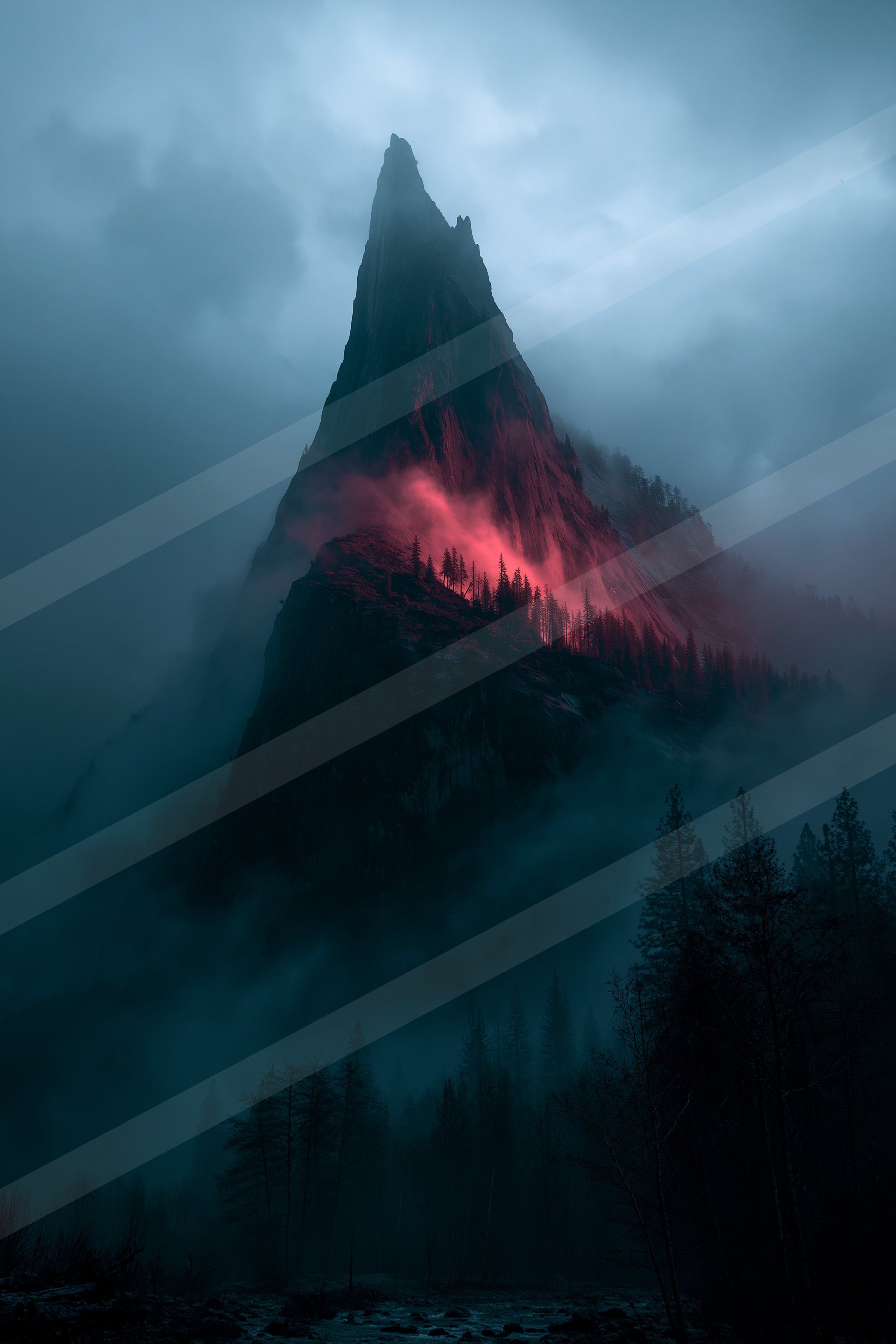 A mysterious double exposure landscape of a volcano, fog.