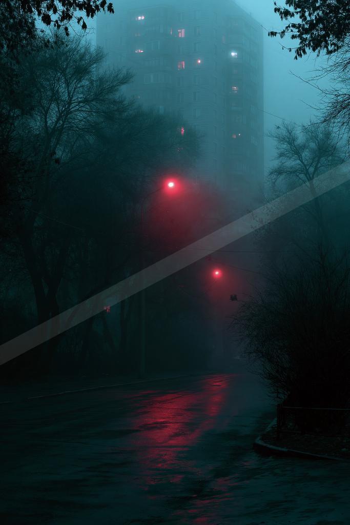 A wet street at night reflects the red glow of streetlights through thick fog, with a tall apartment building looming in the background and dark trees lining th