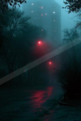 A wet street at night reflects the red glow of streetlights through thick fog, with a tall apartment building looming in the background and dark trees lining th