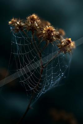 A delicate spiderweb covered in morning dew clings to the stems of dried brown thistle-like plants against a dark, blurred background.