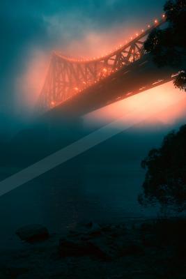 A night architecture photo of bridge, fog.