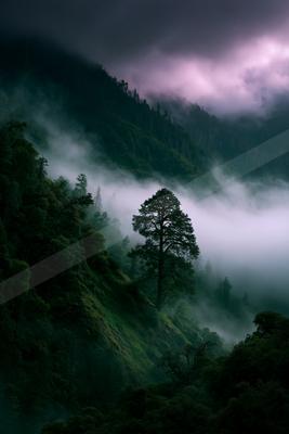 A lone tall tree stands on a steep forested mountainside shrouded in thick white mist under dramatic purple and dark stormy clouds at dusk.