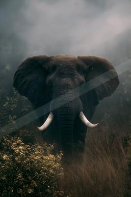 A black-and-white moody photograph of tusker, african elephant, indian elephant.