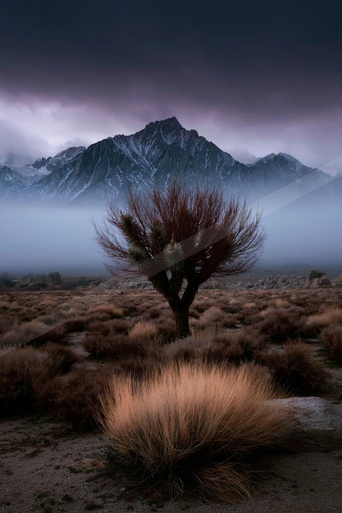A black-toned moody photograph of volcano, alp, valley.