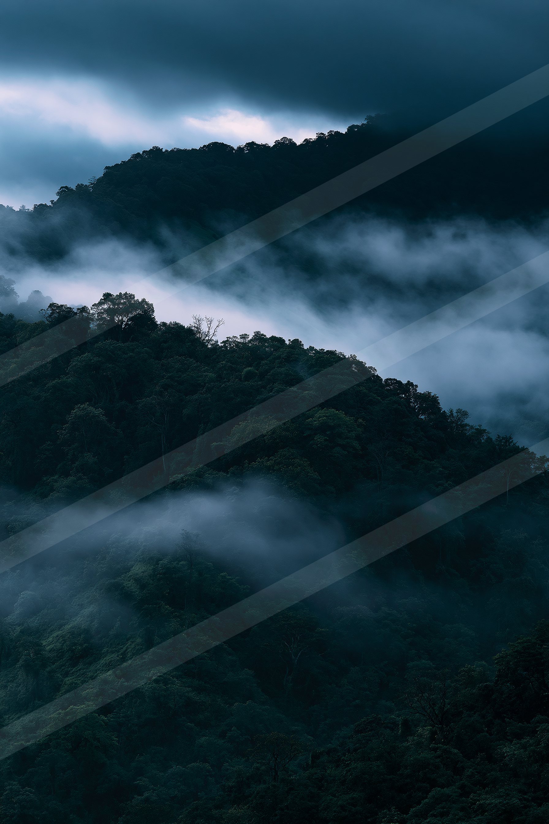 A night high contrast landscape of a rolling hills, fog.