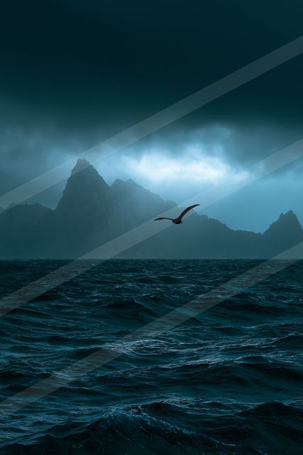 A lone bird in silhouette glides above turbulent ocean waves under a dark, moody sky with distant mountain peaks.