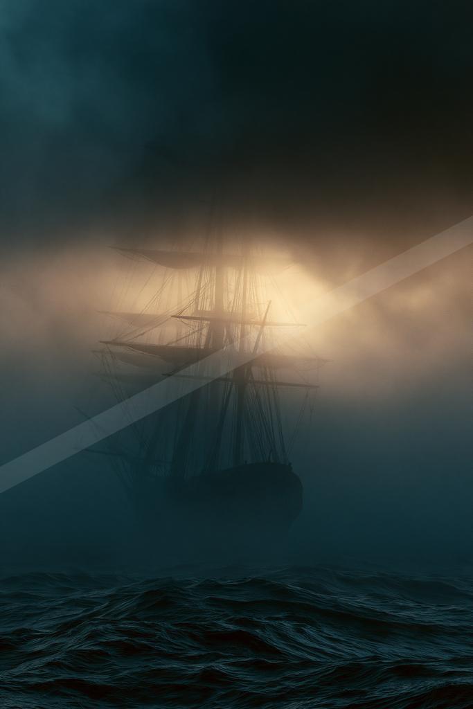 A dramatic water scene of ocean, storm, fog.