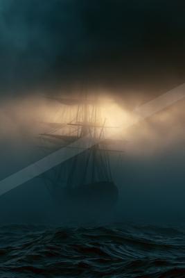 A dramatic water scene of ocean, storm, fog.