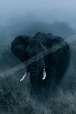 A large African elephant with prominent tusks walks directly toward the camera through tall grass in dense fog, creating a dramatic and atmospheric scene.