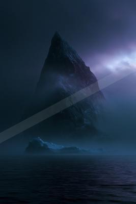A night landscape of mountains, storm, ocean.