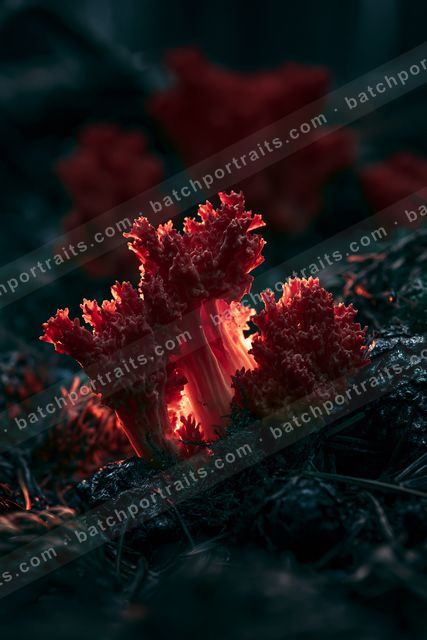 A night macro nature scene of a mushroom, fire.