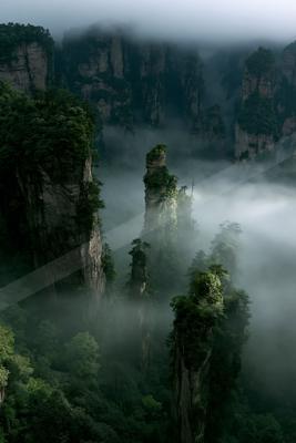 A moody landscape of valley, mountains, forest.