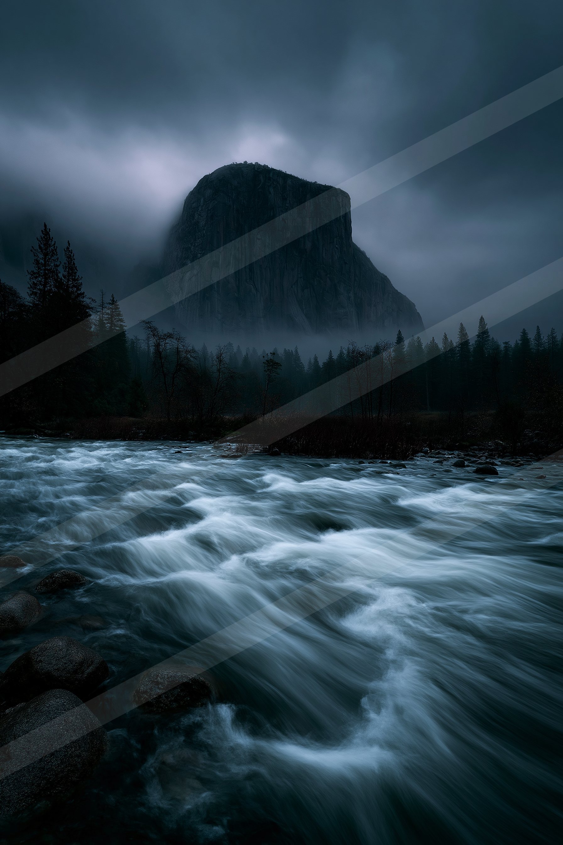 A dramatic long exposure water scene of a river, fog.