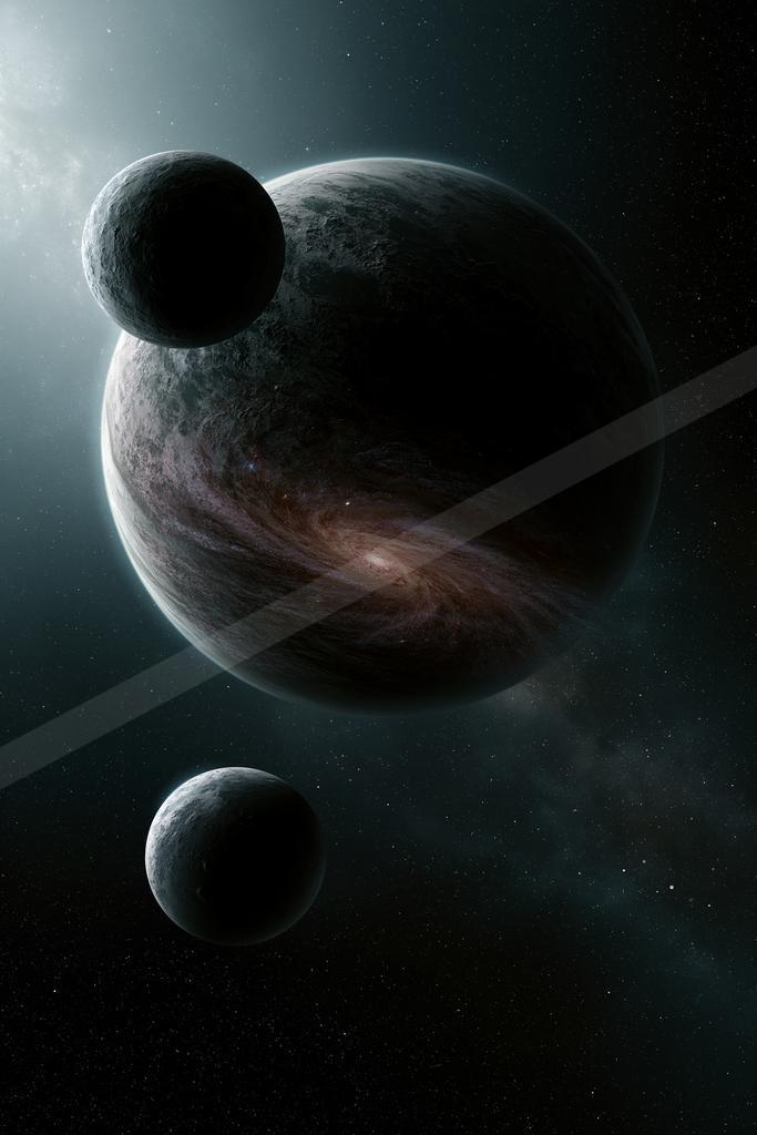 A black-and-white moody sky scene of planet, nebula.