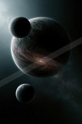 A black-and-white moody sky scene of planet, nebula.