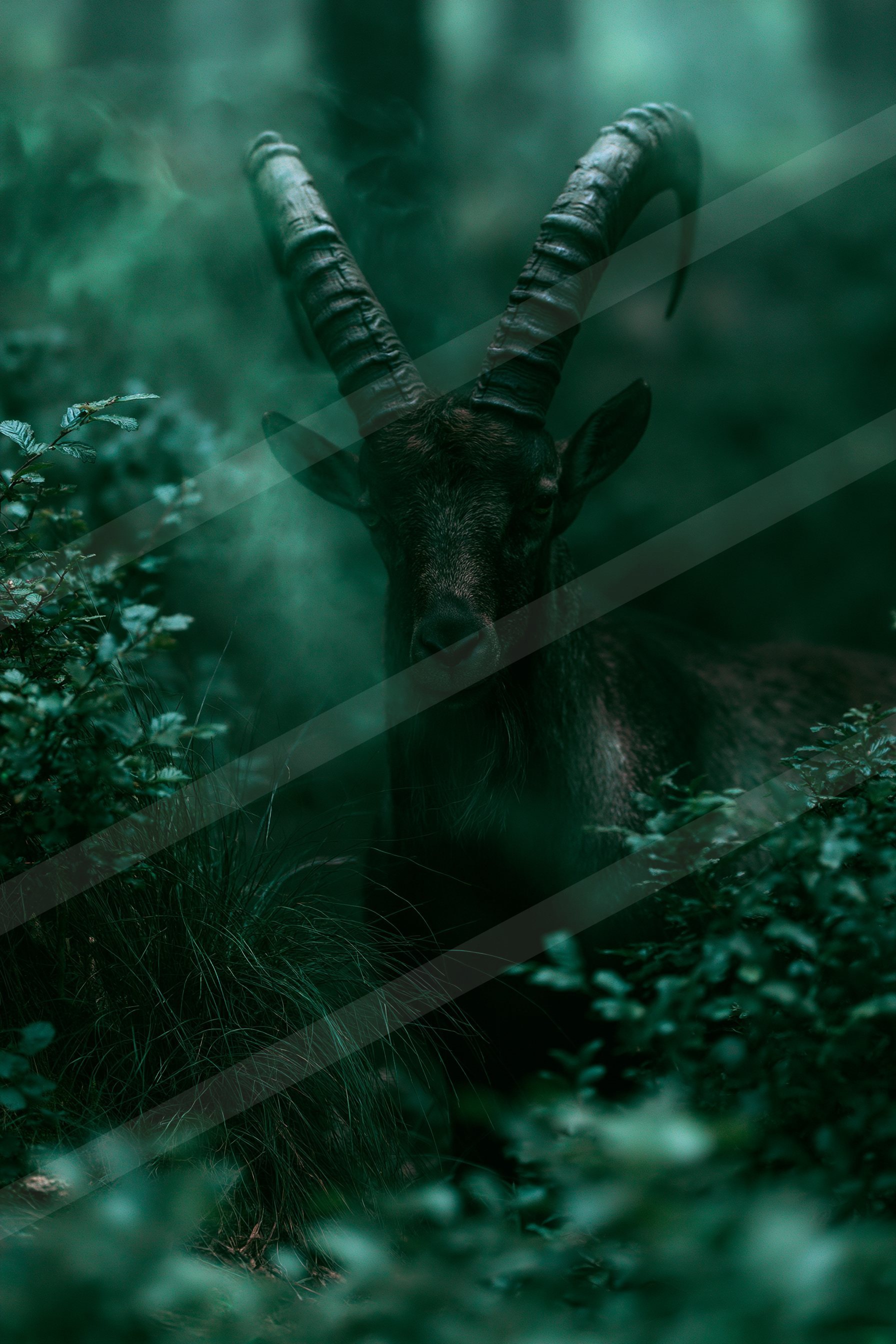 Alpine ibex in the misty forest.